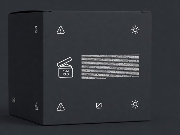 Soft-lit 3D render of a dark cosmetic carton back panel highlighting the open jar 12M PAO symbol and INCI text block