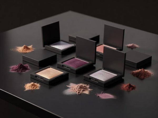 Soft-lit 3D render of cosmetic loose pigment powders and square matte compacts on a dark studio table