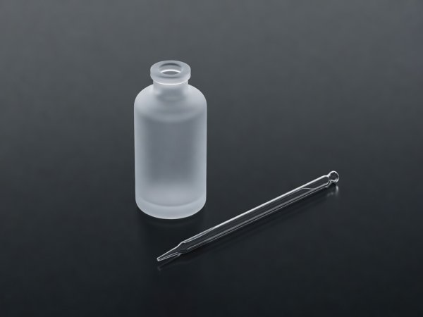 Soft-lit 3D render of an opaque serum vessel and glass pipette on a dark minimalist laboratory surface